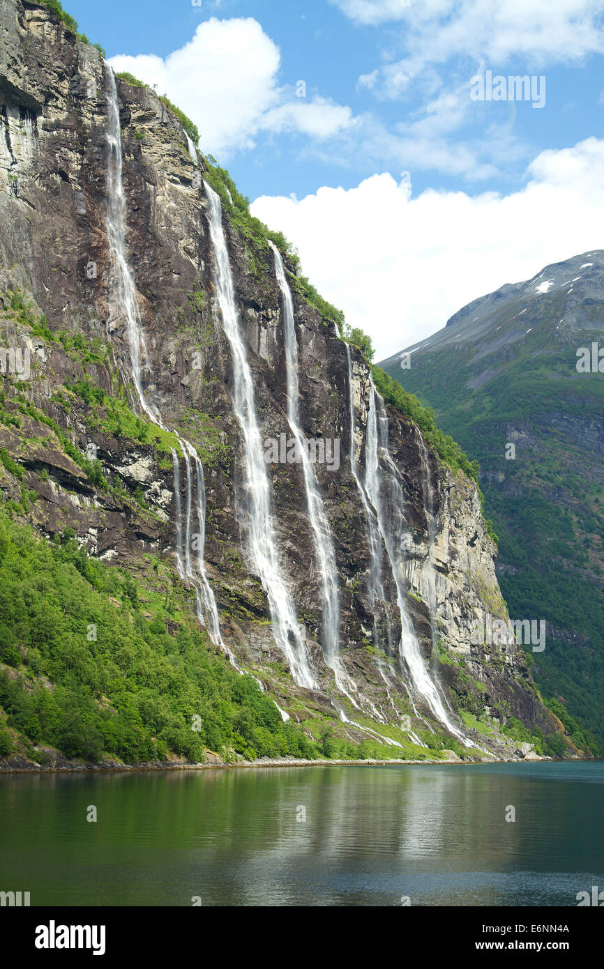 Geiranger fjord, Norway - waterfalls Seven Sisters. Stock Photo
