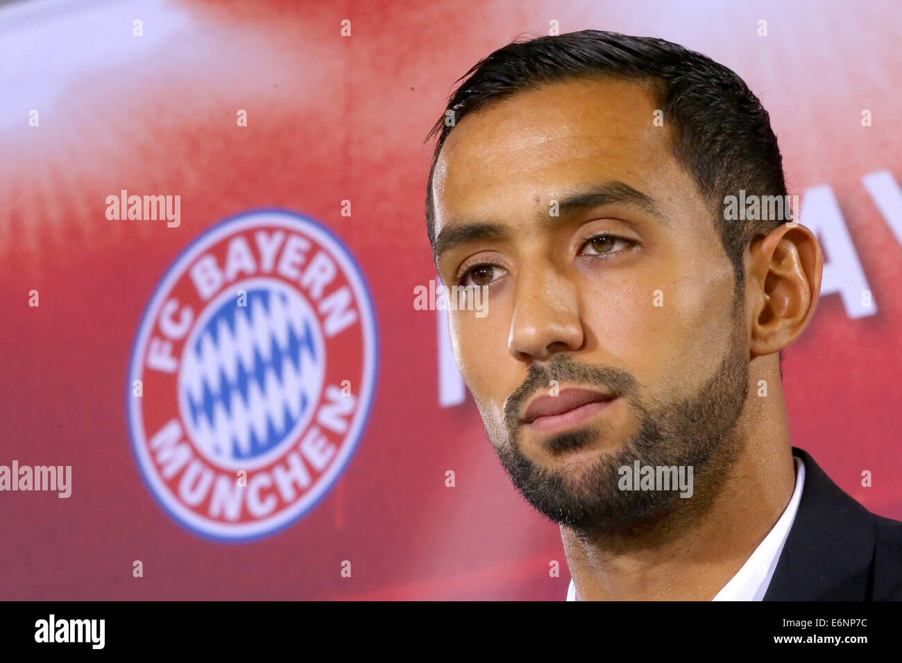 Munich, Germany. 28th Aug, 2014. Mehdi Benatia of FC Bayern Muenchen looks on during a press conference at Bayern Muenchen's headquarter Saebener Strasse on August 28, 2014 in Munich, Germany. Photo: Alexander Hassenstein/dpa/Alamy Live News Stock Photo