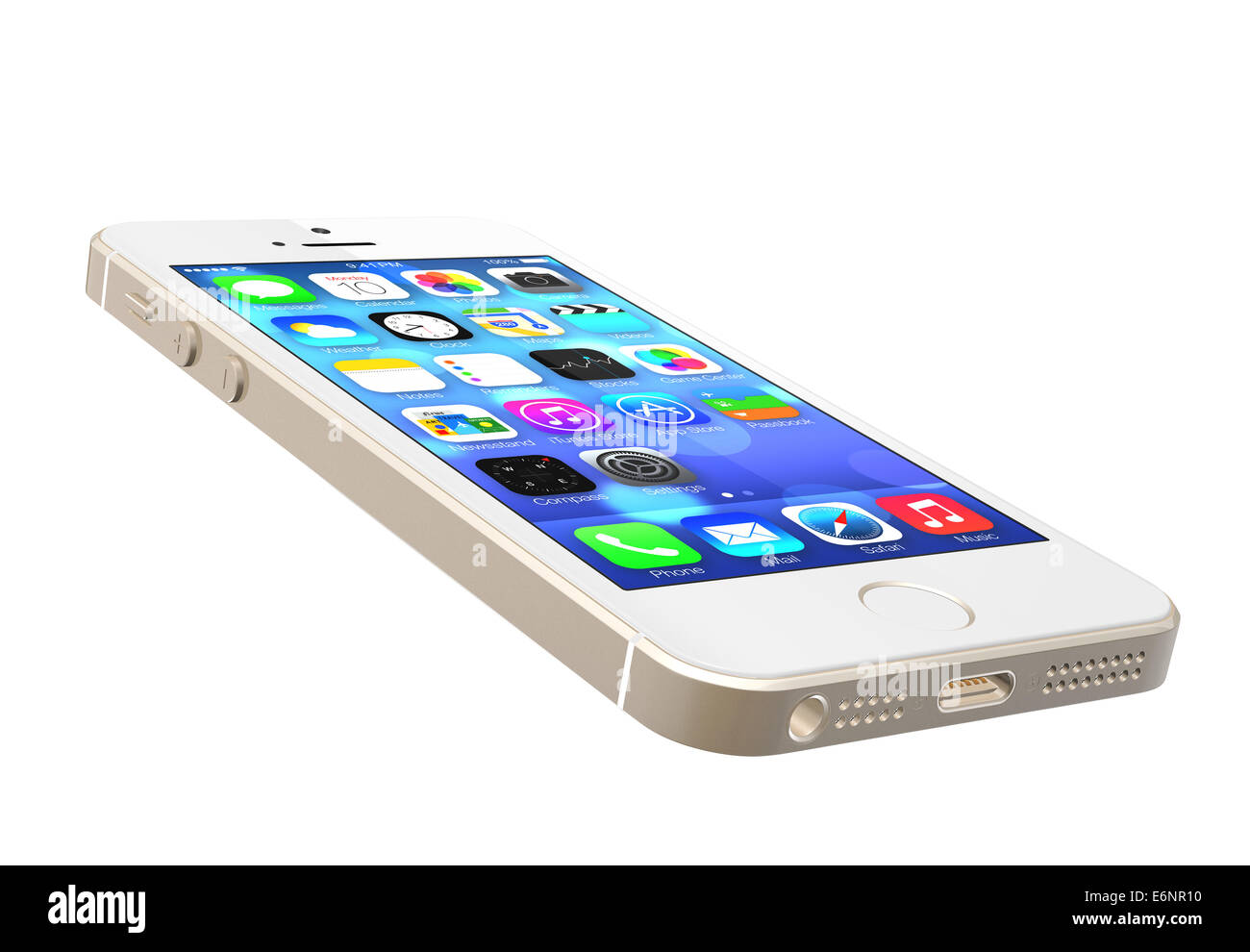 Gold iPhone 5s showing the home screen with iOS7. Stock Photo