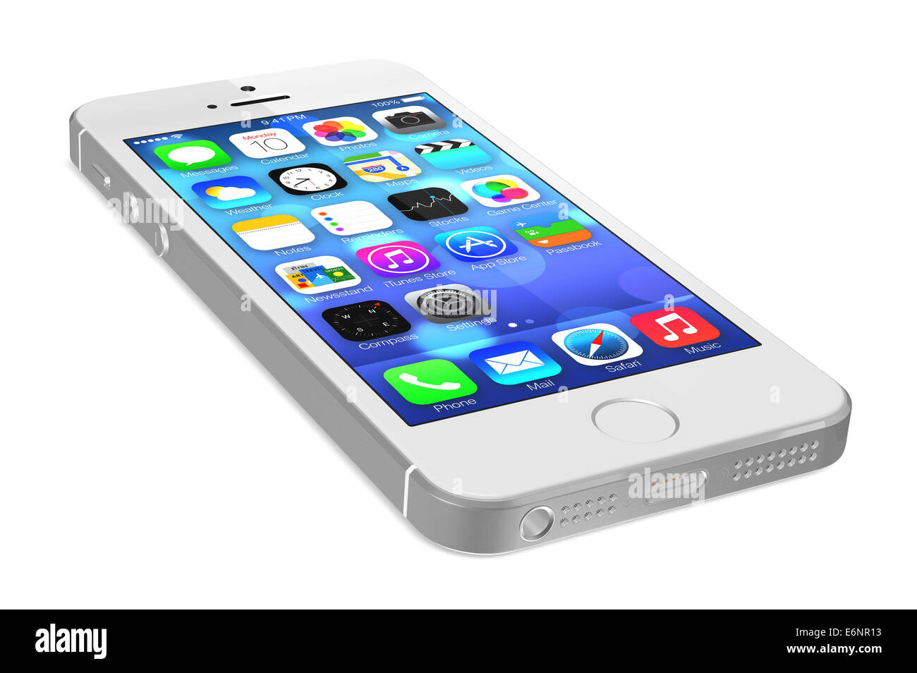 Silver iPhone 5s showing the home screen with iOS7. Stock Photo