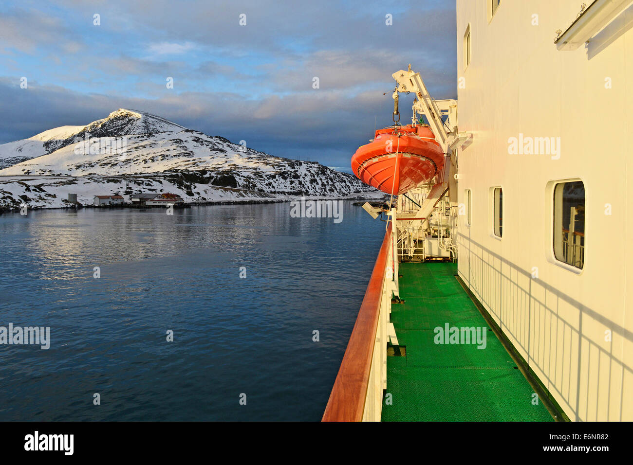 Hurtigruten's ship MS Kong Harald in the harbour of Havoysund, 23. February 2014 Stock Photo