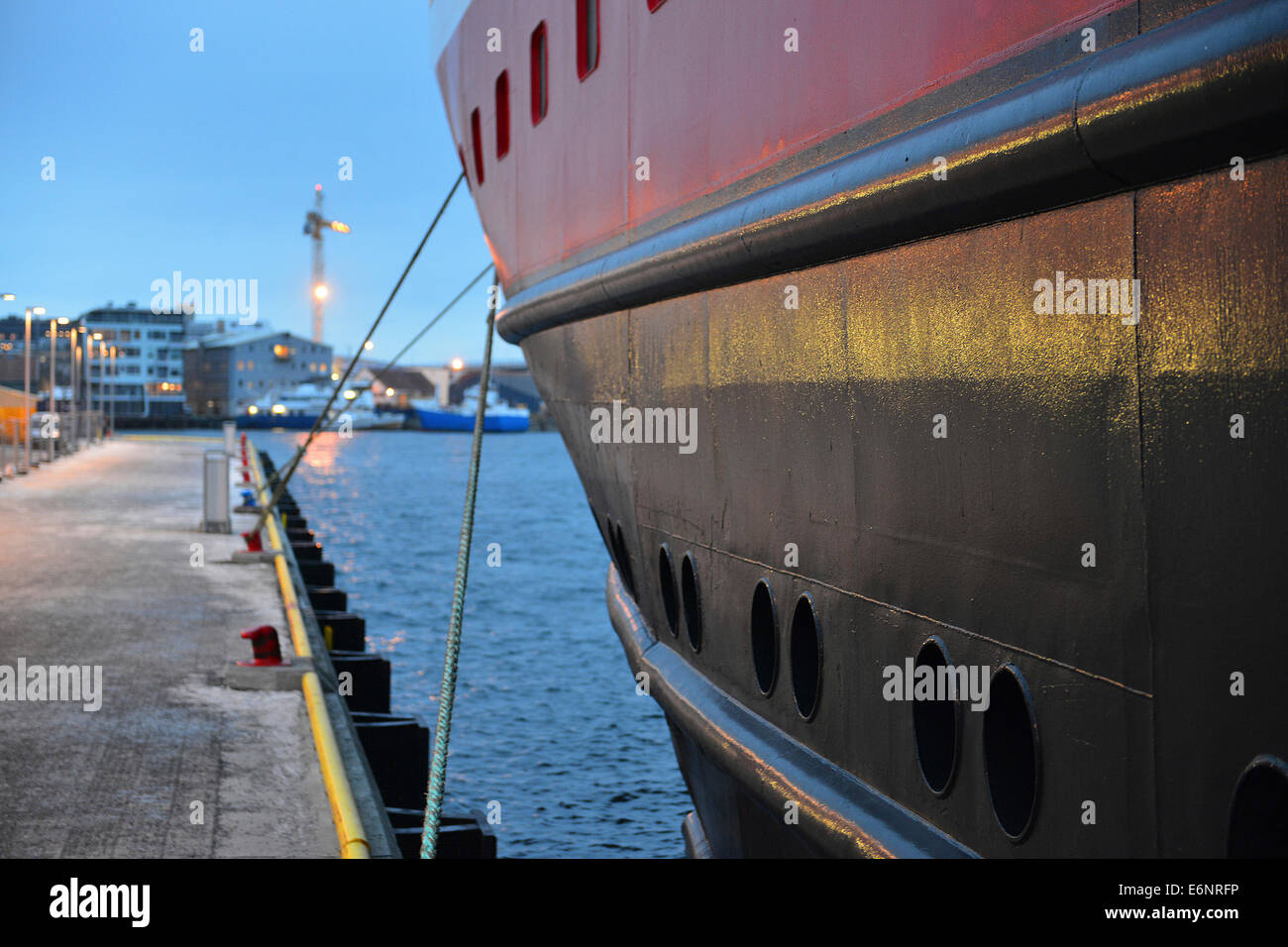 Hull of the ship »MS Kong Harald« at the terminal in Tromsø, 22 February 2014 Stock Photo