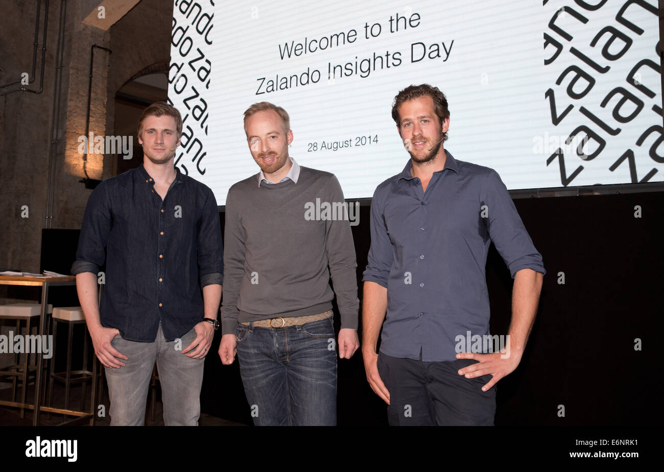 Berlin, Germany. 28th Aug, 2014. Zalando managers David Schneider (L-R),  Rubin Ritter and Robert Gentz pose as part of the press seminar "Zalando  Insights Day" in Berlin, Germany, 28 August 2014. The