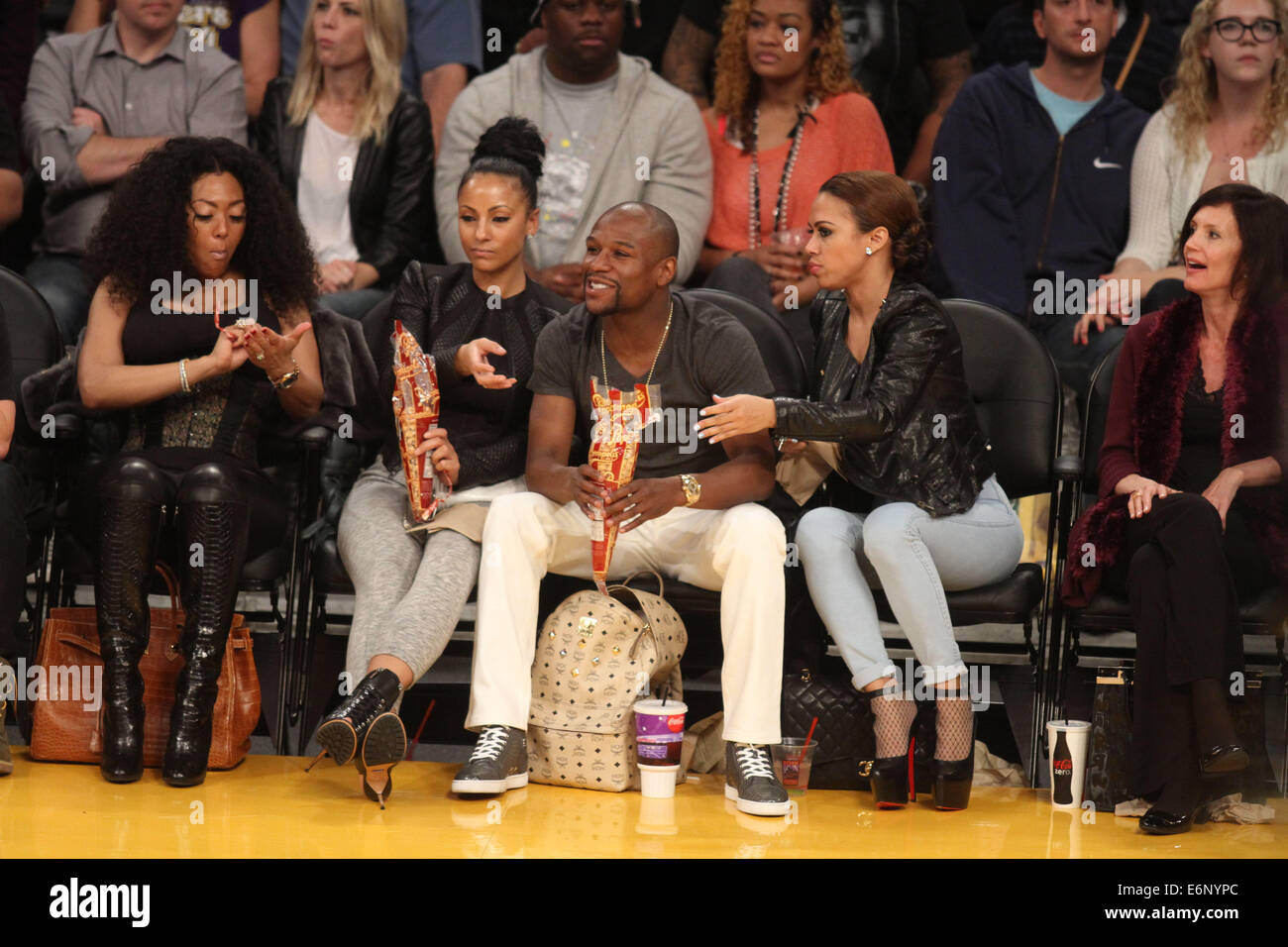 Celebrities courtside at the Lakers game. The Los Angeles Lakers defeated  the Boston Celtics by the score of 101-92 at Staples Center Featuring:  Floyd Mayweather Jr. Where: Los Angeles, California, United States