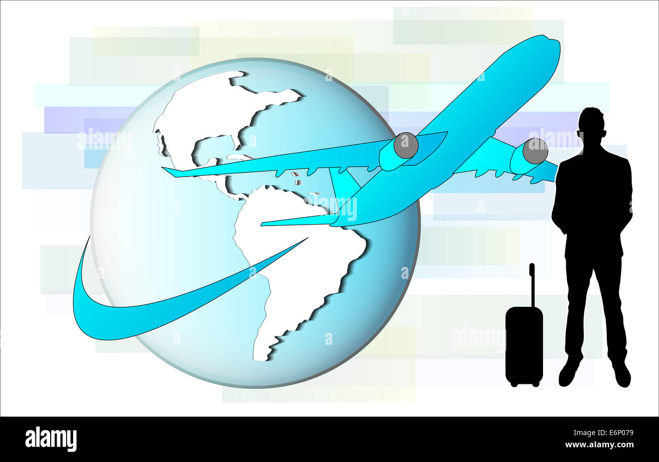 Illustration of business man with airplane and earth globe Stock Photo ...