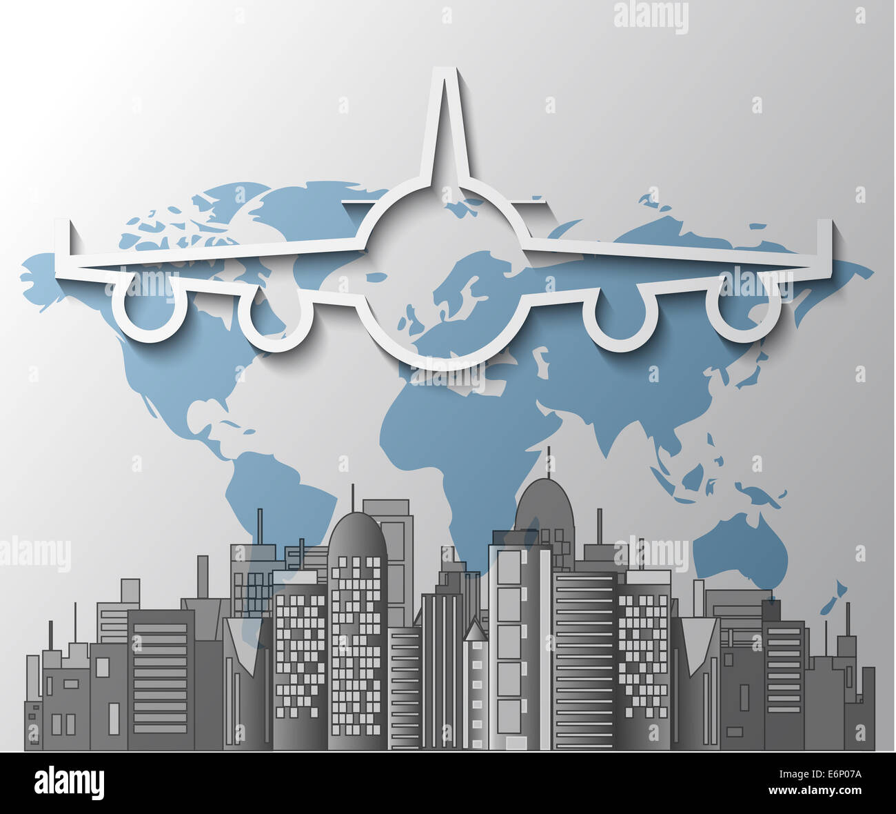 Illustration of airplane with city skyline on world map Stock Photo