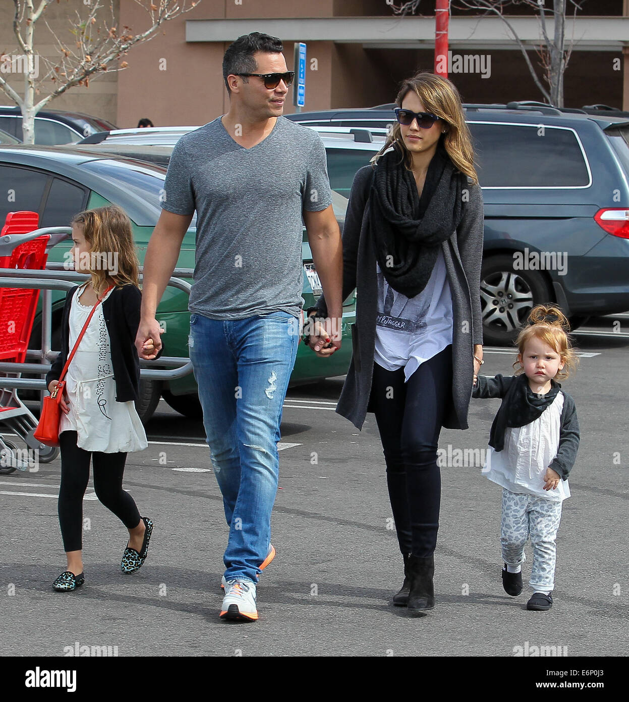Jessica Alba, husband Cash Warren and their daughters go shopping at Target  Featuring: Jessica Alba,Cash Warren,Haven Warren,Honor Warren Where: Los Angeles, California, United States When: 22 Feb 2014 Stock Photo