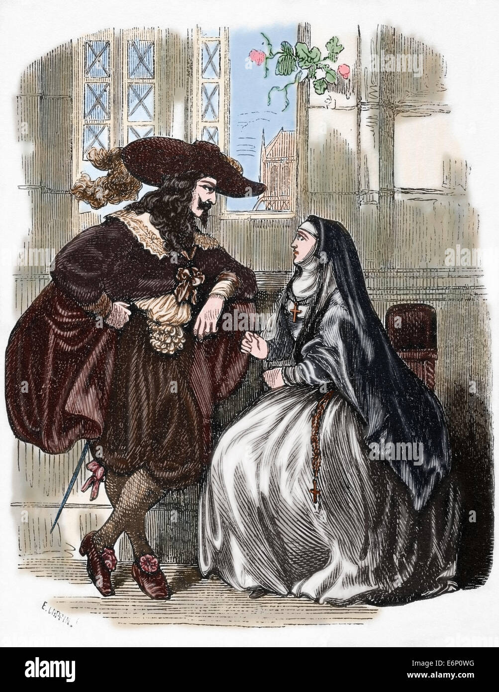 Louis XIII (1601-1643) visiting in the convent of the Visitation to Luise de La Fayette (1616-1655). Engraving. Colored. Stock Photo