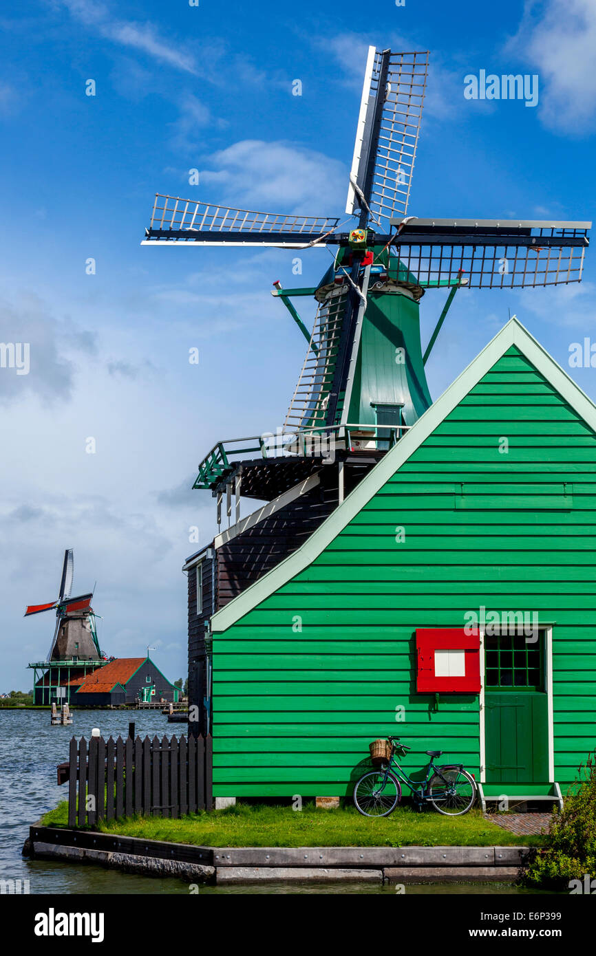 Windmills at Zaanse Schans, Amsterdam, Holland Stock Photo