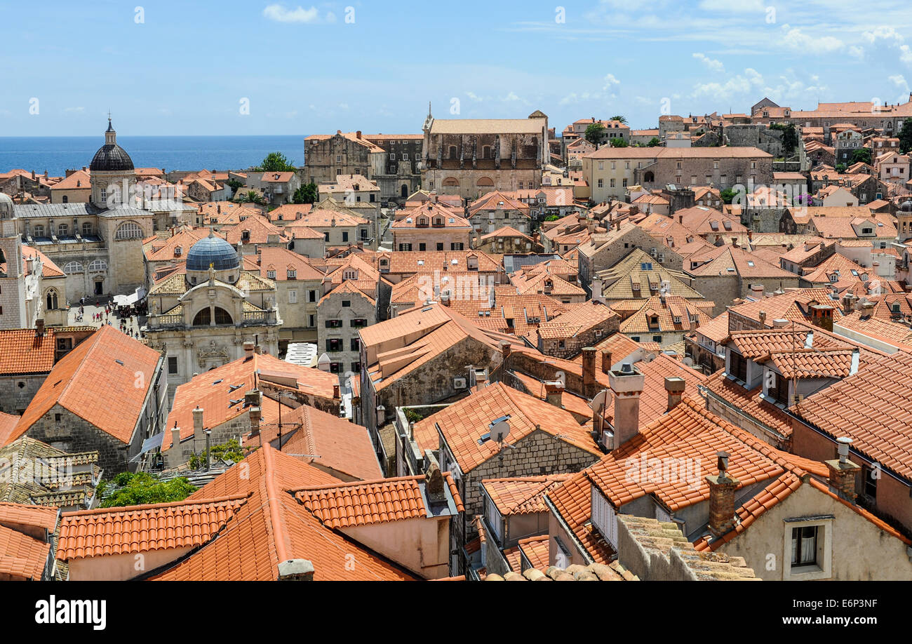 The old town of Dubrovnik, from the fortified wall looking down onto the red tiled roofs Stock Photo