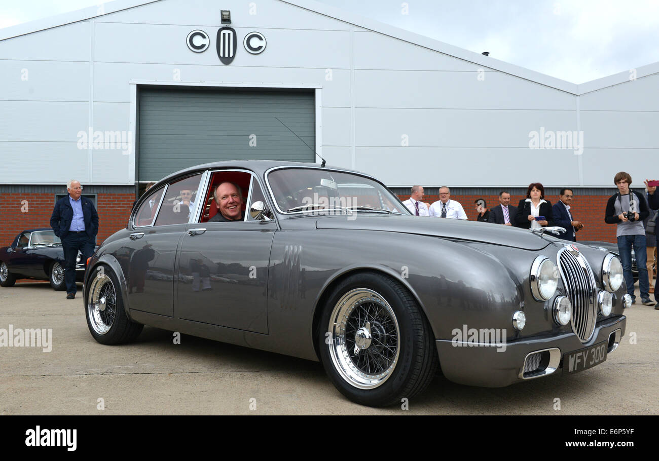 Ian Callum (Director of Design at Jaguar Cars) drives off in the unique Jaguar Mark 2 he redesigned. The car has be reengineered by Classic Motor Cars of Bridgnorth with some modern twists added to the classic design and is for the personal use of Ian Callum. Credit:  David Bagnall/Alamy Live News Stock Photo