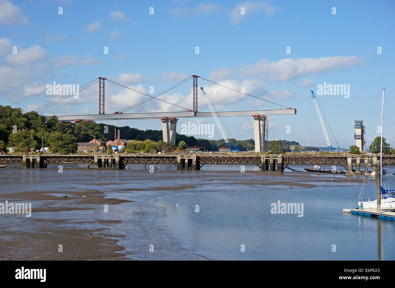Progress in building the Queensferry Crossing over the Firth of Forth between Lothian and Fife in Scotland by Port Edgar Stock Photo