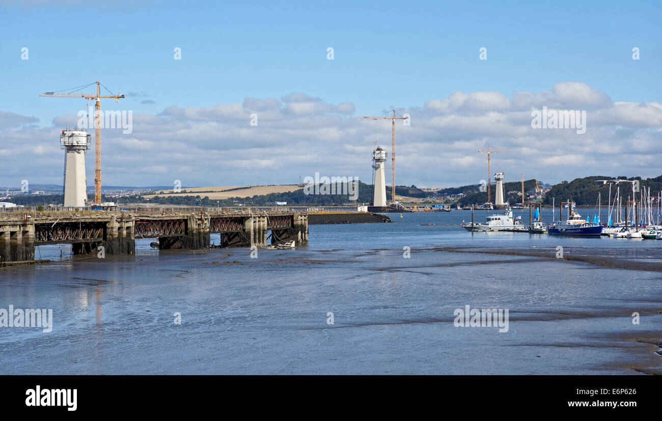 Progress in building the Queensferry Crossing over the Firth of Forth between Lothian and Fife in Scotland with main supports Stock Photo