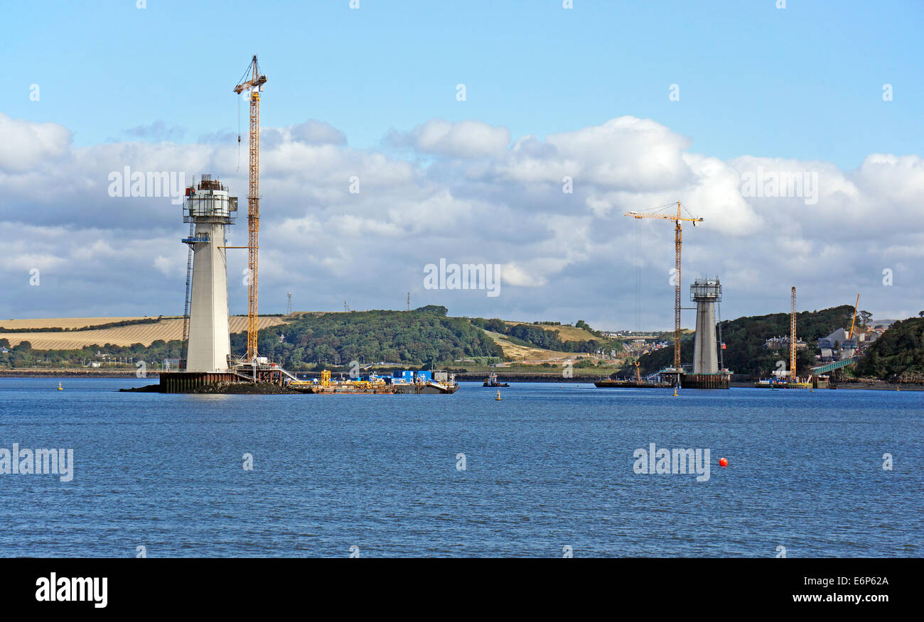 Progress in building the Queensferry Crossing over the Firth of Forth between Lothian and Fife in Scotland with main supports Stock Photo