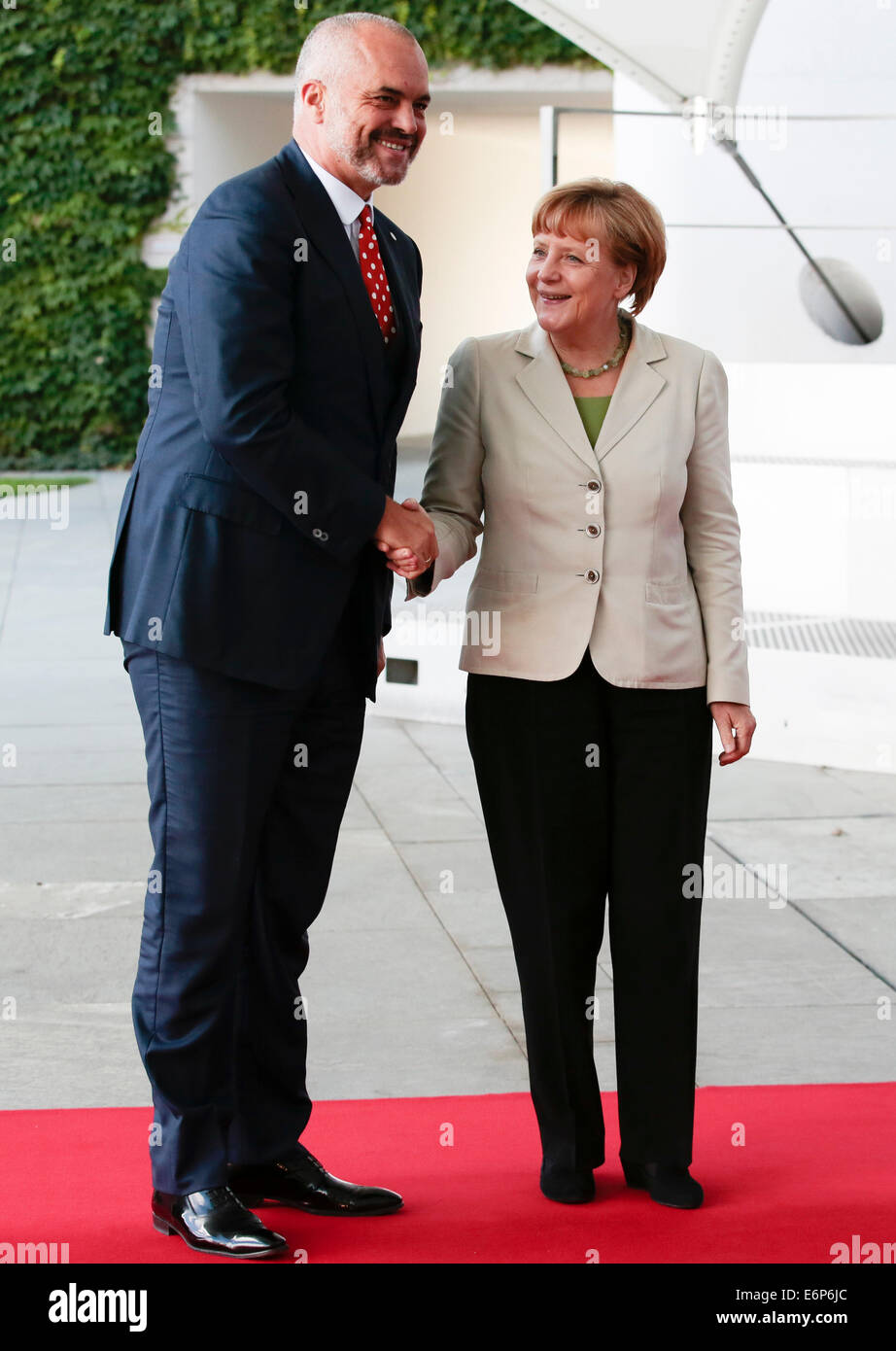 Berlin, Germany. 28th Aug, 2014. German Chancellor Angela Merkel, right, welcomes the Prime Minister of Albania Edi Rama for the 'West Balkan Conference' at the chancellery in Berlin, Thursday, Aug. 28, 2014. Merkel invited to the conference to support the economic and political situation in the South-East European region. Credit:  dpa picture alliance/Alamy Live News Stock Photo