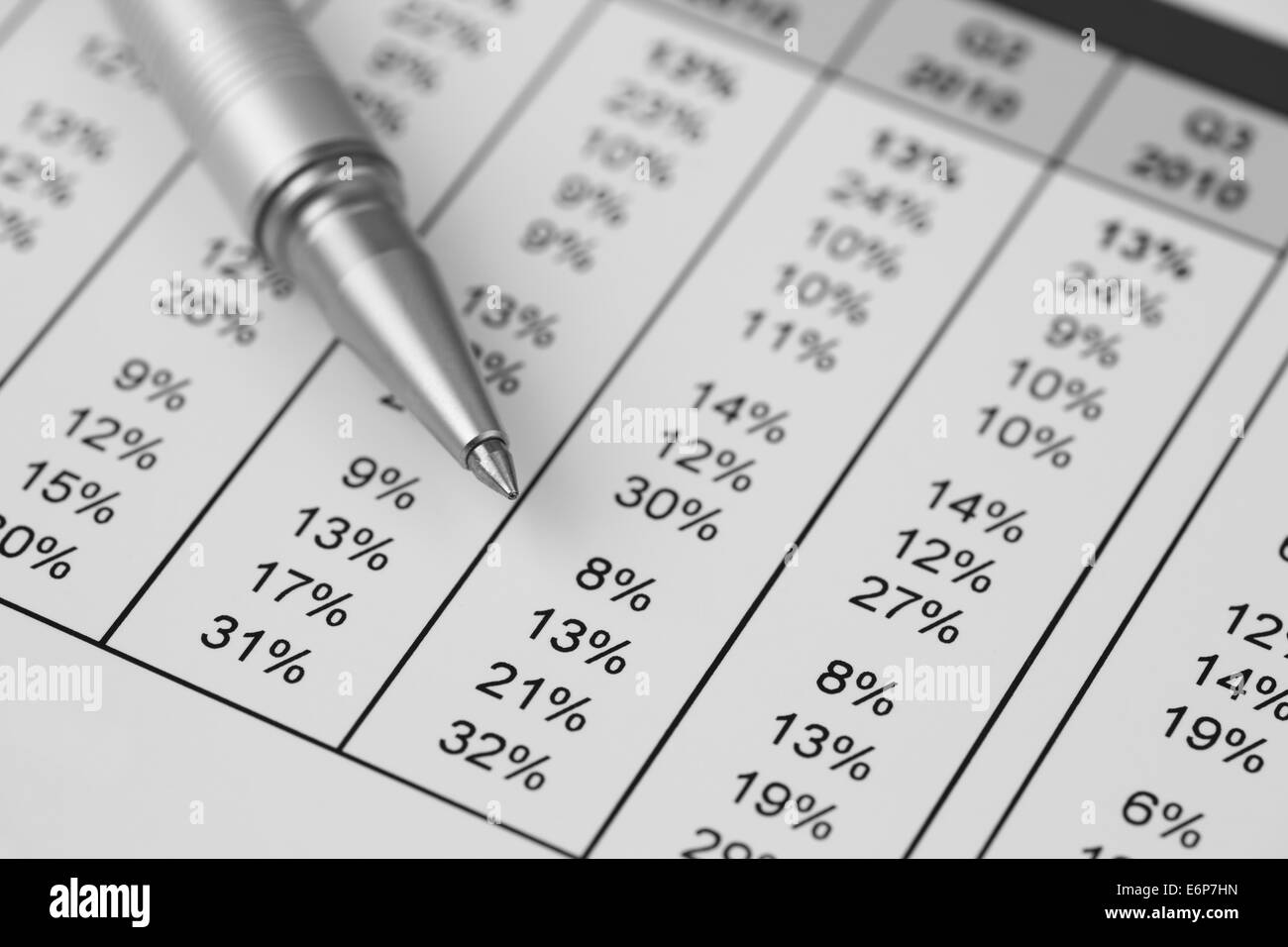 Ballpoint pen on financial statements. Black and white, Stock Photo