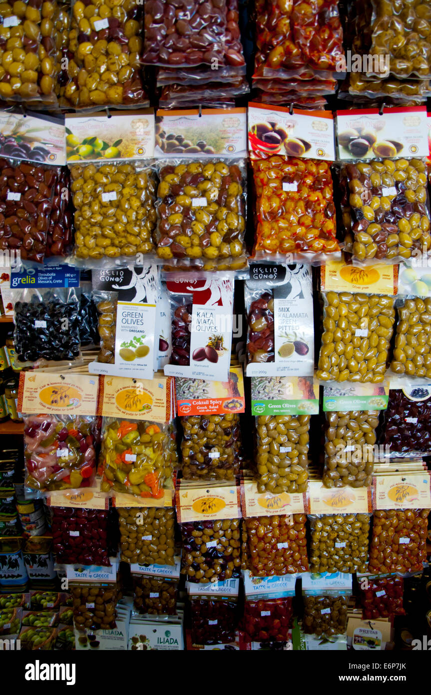 Marinated and vacuum packed local olives, Dimoiki Dorag market hall