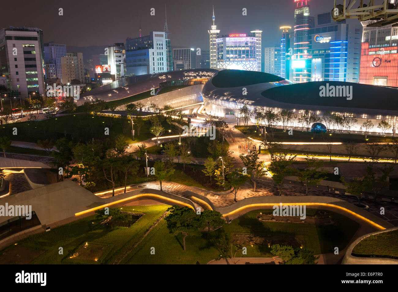 Modern architecture at the newly opened Dongdaemun Design Plaza in Seoul, South Korea, designed by architect, Zaha Hadid. Stock Photo