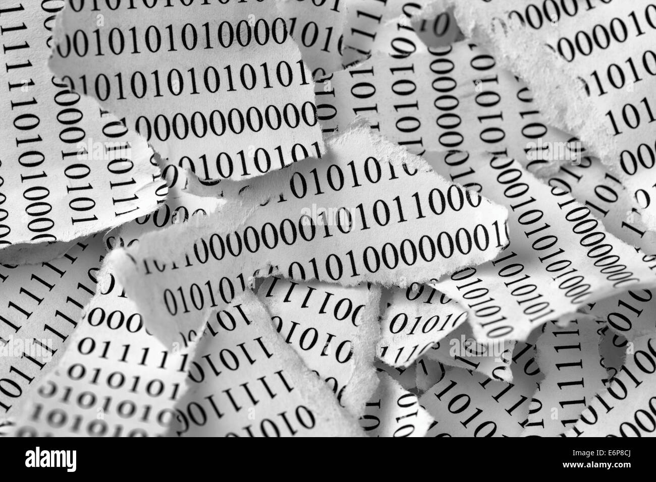 Torn pieces of paper with a binary code. Black and White. Stock Photo
