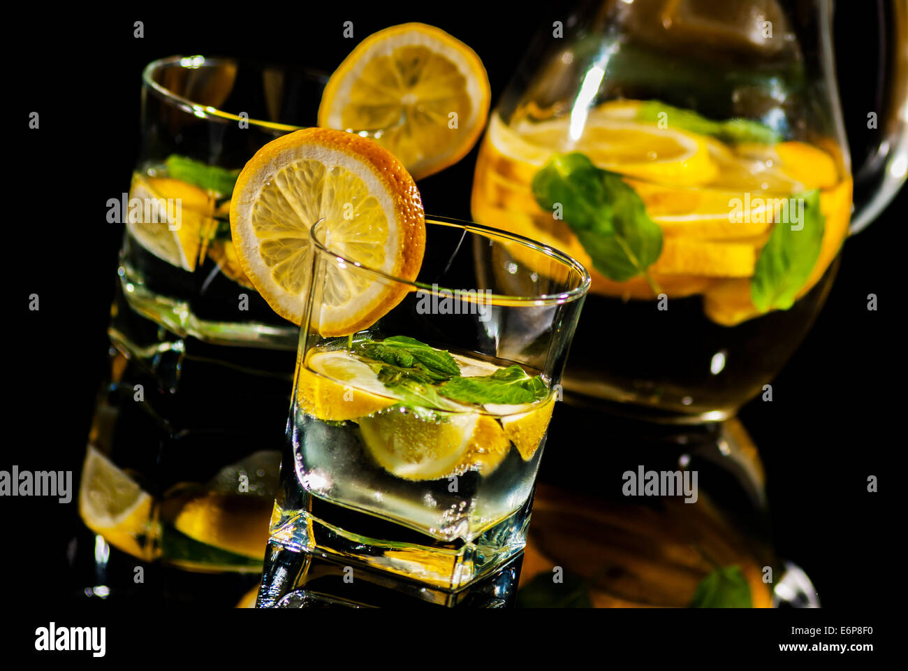 Drink water with lemon and mint on reflect background Stock Photo