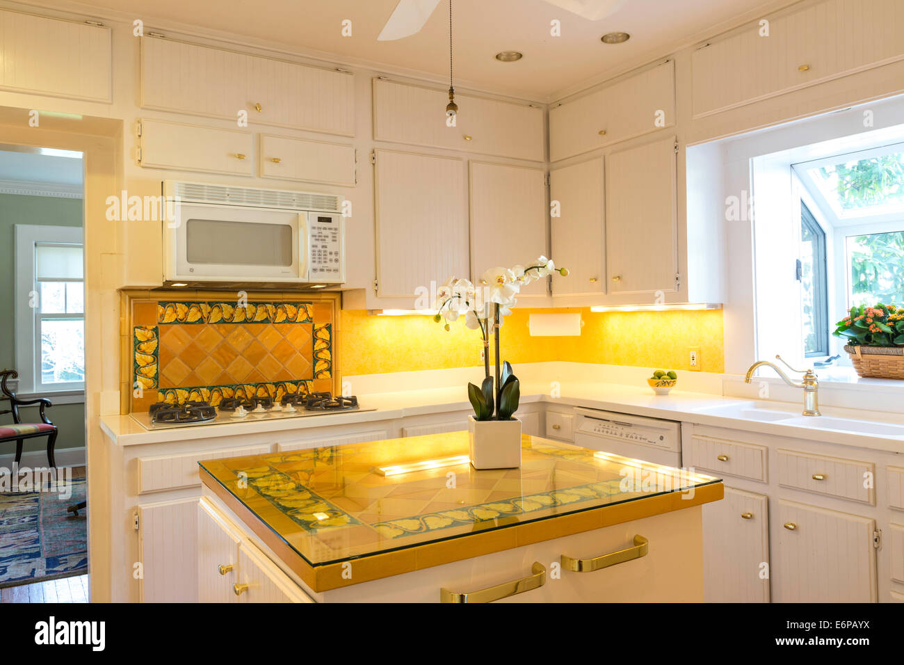 White Kitchen with Yellow Tile Accents, USA Stock Photo Alamy