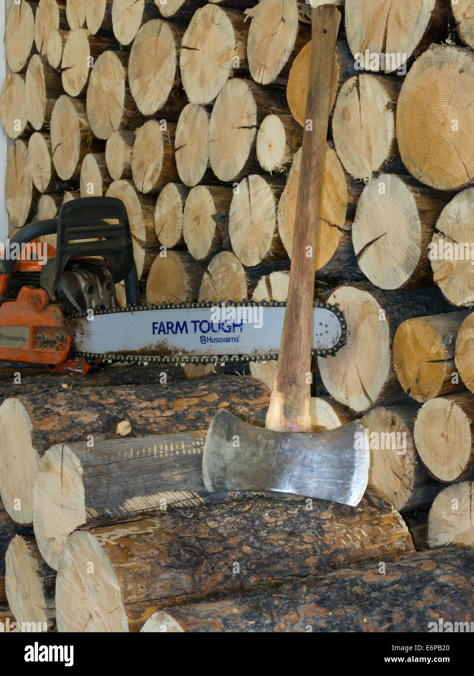 Chainsaw Against Firewood Pile, USA Stock Photo