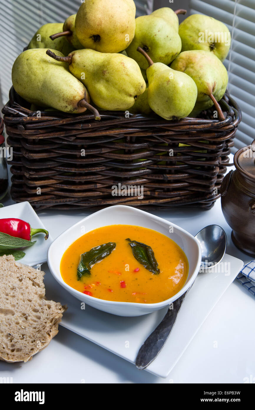 Pumpkin soup is a traditional autumn foods Stock Photo