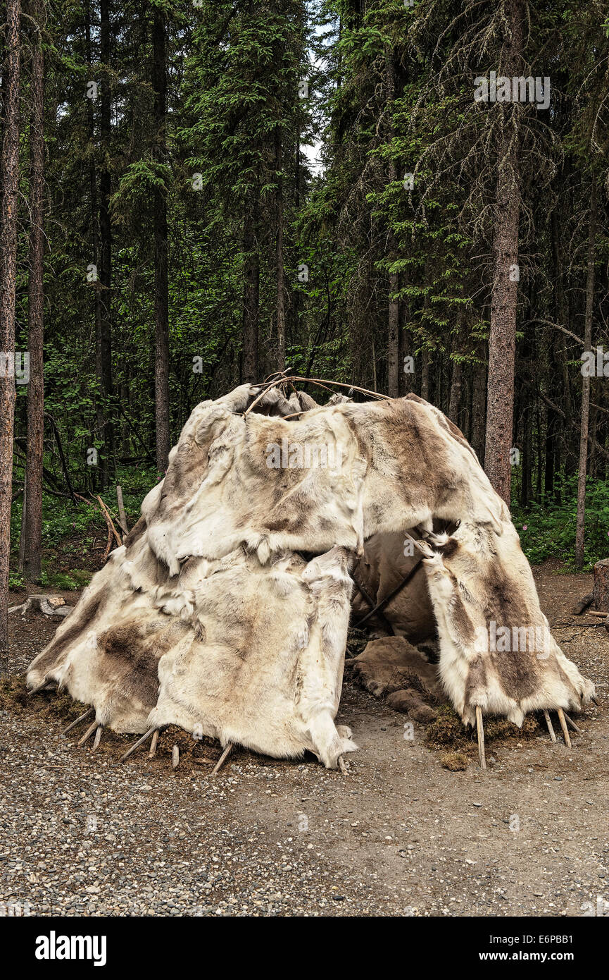 Traditional Athabascan shelter, Chena Indian Village Alaska Stock Photo