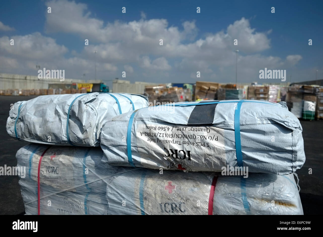 Cargo from the ICRC International Red Cross prepared to enter Gaza at Kerem  Shalom border crossing at the junction of the Gaza Strip–Israel border and  the Gaza–Egypt border. Israel Stock Photo -