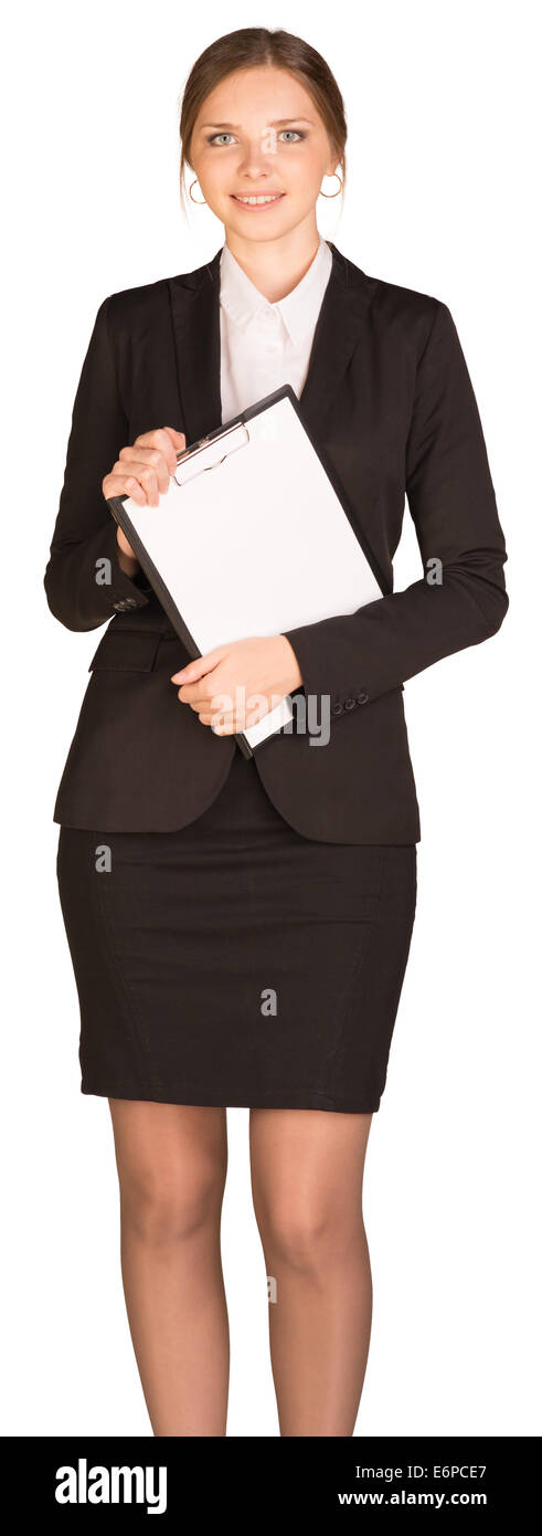 Businesswoman stand holding paper holder Stock Photo - Alamy