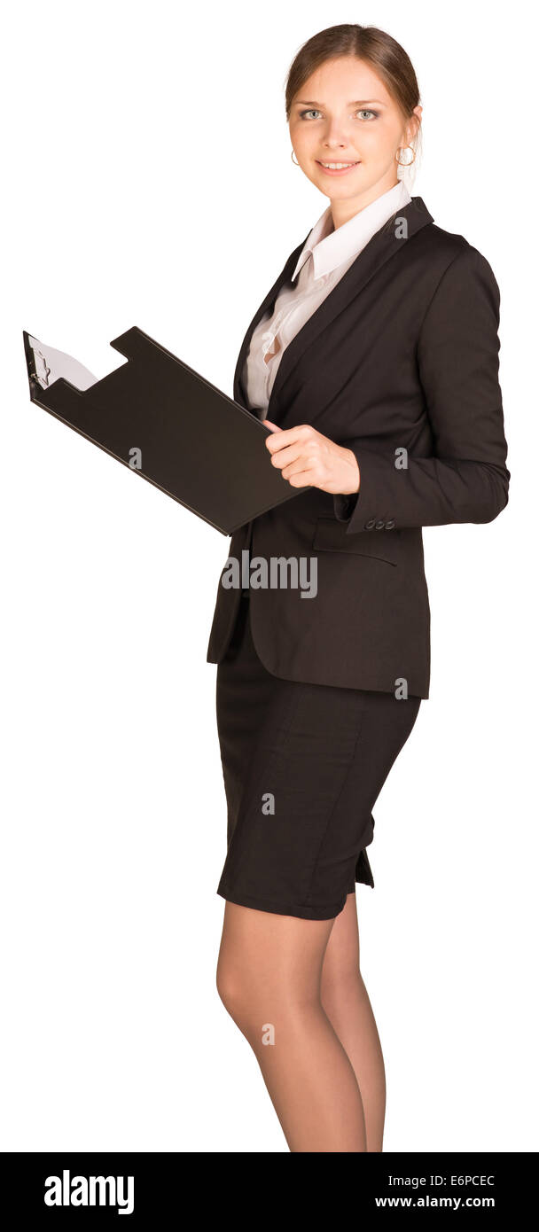Businesswoman stand holding paper holder Stock Photo - Alamy