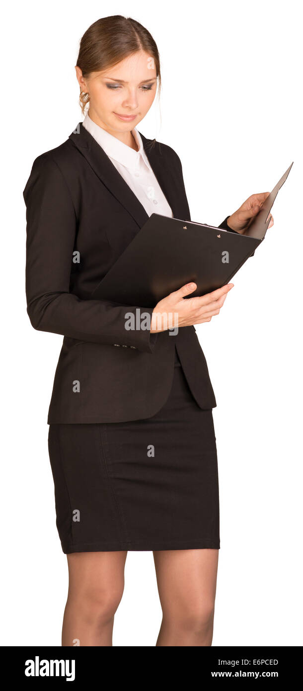Businesswoman stand holding paper holder Stock Photo - Alamy