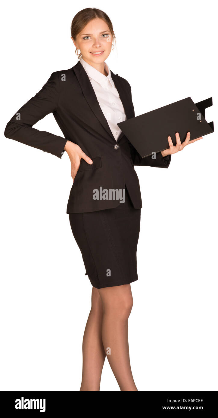 Businesswoman stand holding paper holder Stock Photo - Alamy