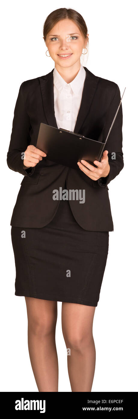 Businesswoman stand holding paper holder Stock Photo - Alamy
