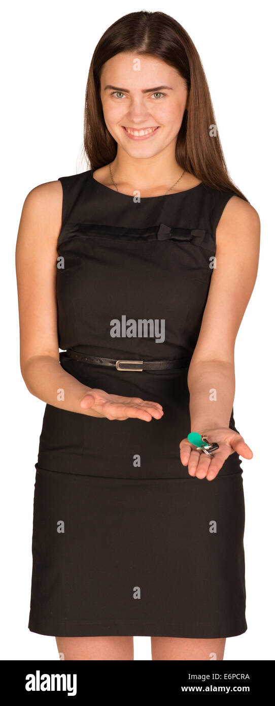 Businesswoman shows in the palm of your house keys Stock Photo - Alamy