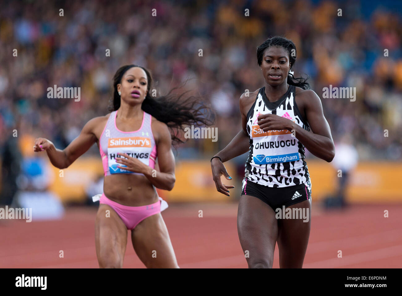 Christine OHURUOGU & Natasha HASTINGS, 400m race Diamond League 2014 Sainsbury's Birmingham Grand Prix, Alexander Stadium, UK Stock Photo