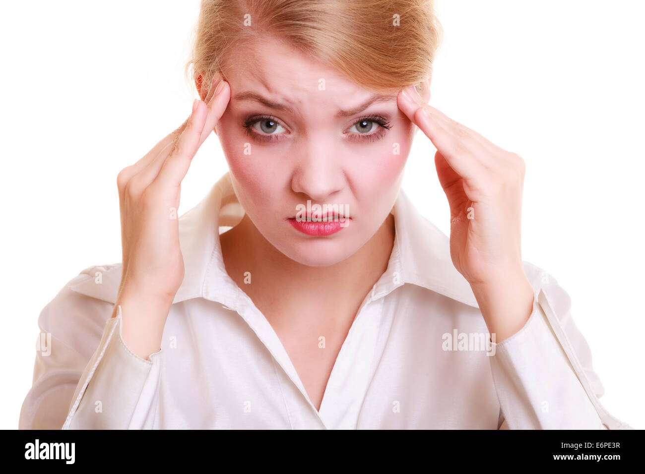 Headache Woman Suffering From Head Pain Isolated Stock Photo Alamy