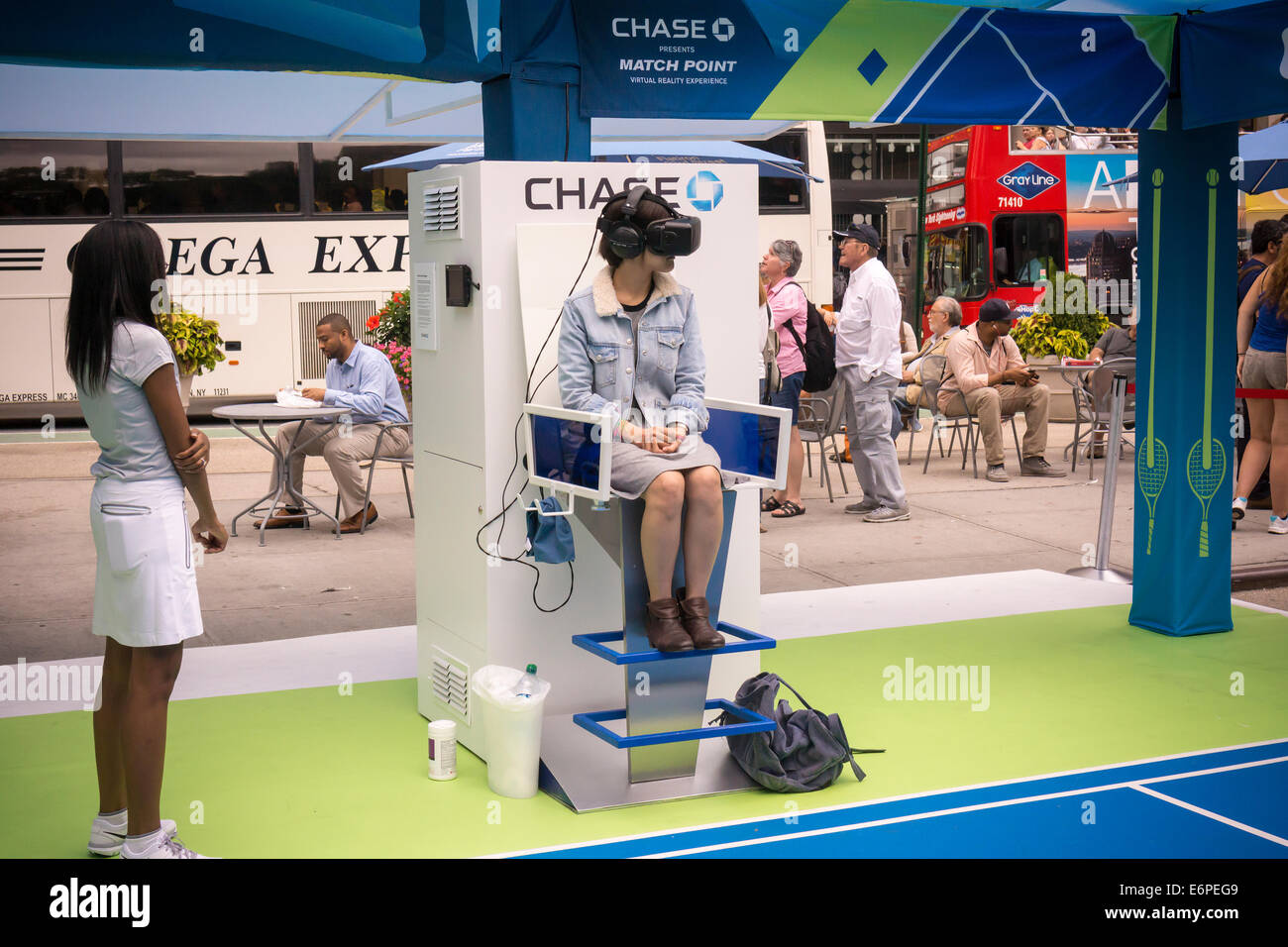 Visitors to Madison Square in New York try out the new Oculus Rift virtual reality device at a demonstration Stock Photo