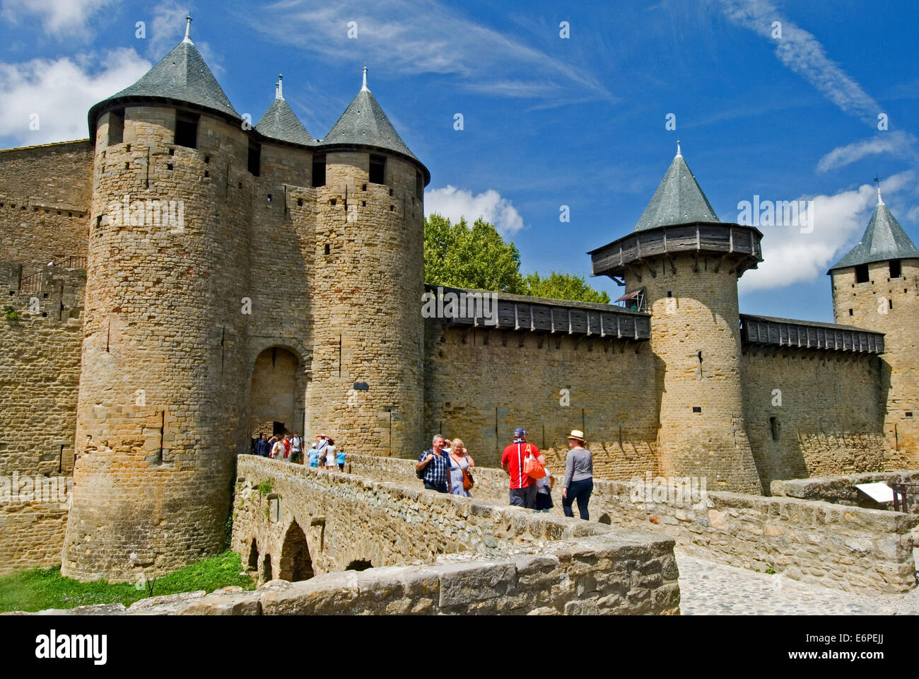 The walled city of Carcassonne in the Aude department in South West France is a major tourist destination, and a UNESCO world heritage site Stock Photo