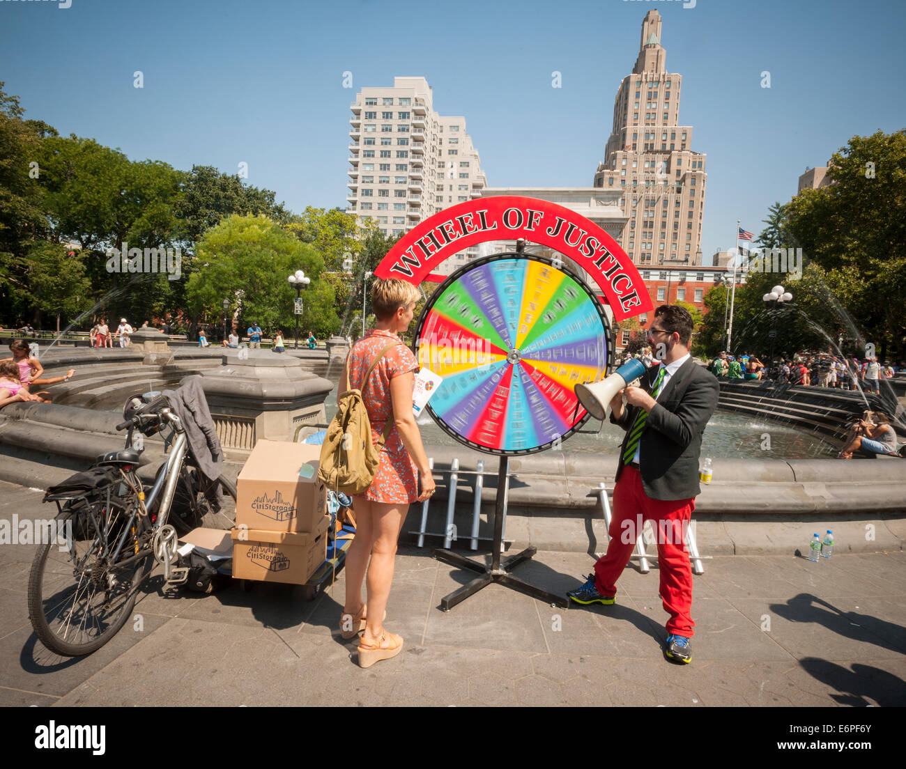 NY Civil Liberties Union's 'Wheel of Justice' game in Washington Square Park in New York Stock Photo