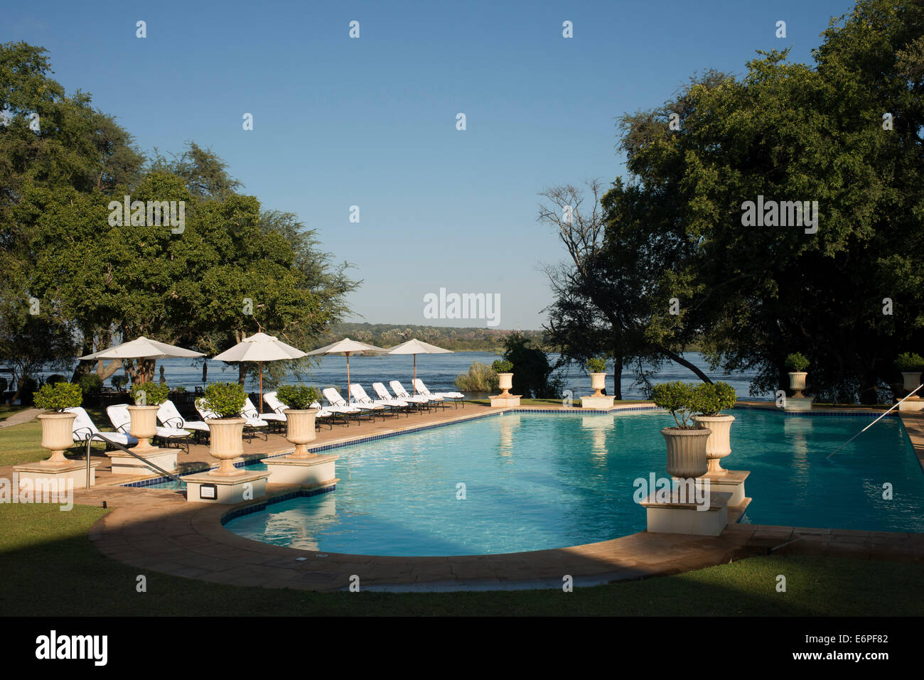 Royal Livingstone Hotel swimming pool. At The Royal Livingstone Hotel, you can expect nothing less than the best service. The ai Stock Photo