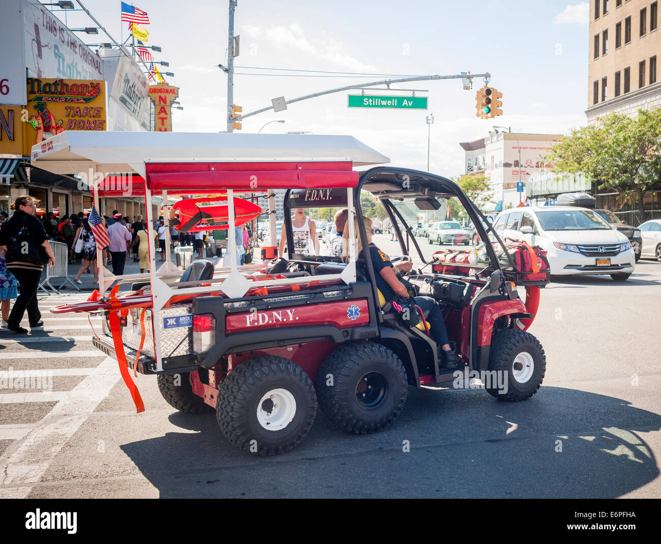 An FDNY emergency services ambulance meant for beach travel at Coney Island in Brooklyn in New York Stock Photo