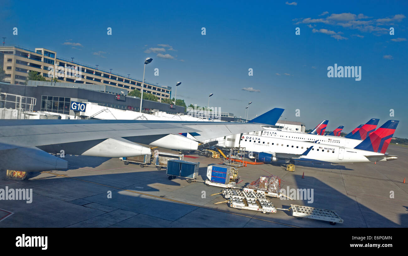 Row of Delta airplanes lined up at Minneapolis - St Paul International 
