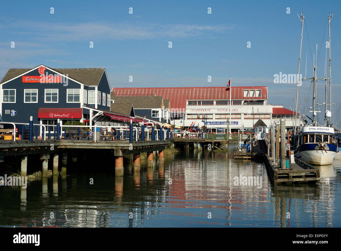 Restaurants on Fisherman's Wharf in Steveston Village,  Richmond,, British Columbia, Canada Stock Photo