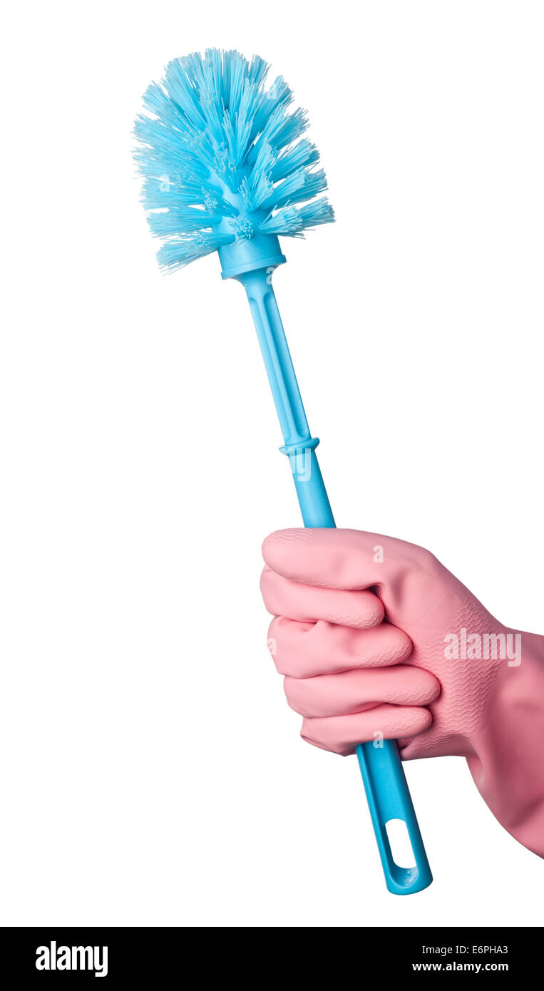 Hand in rubber glove holding a toilet bowl brush isolated on white background Stock Photo