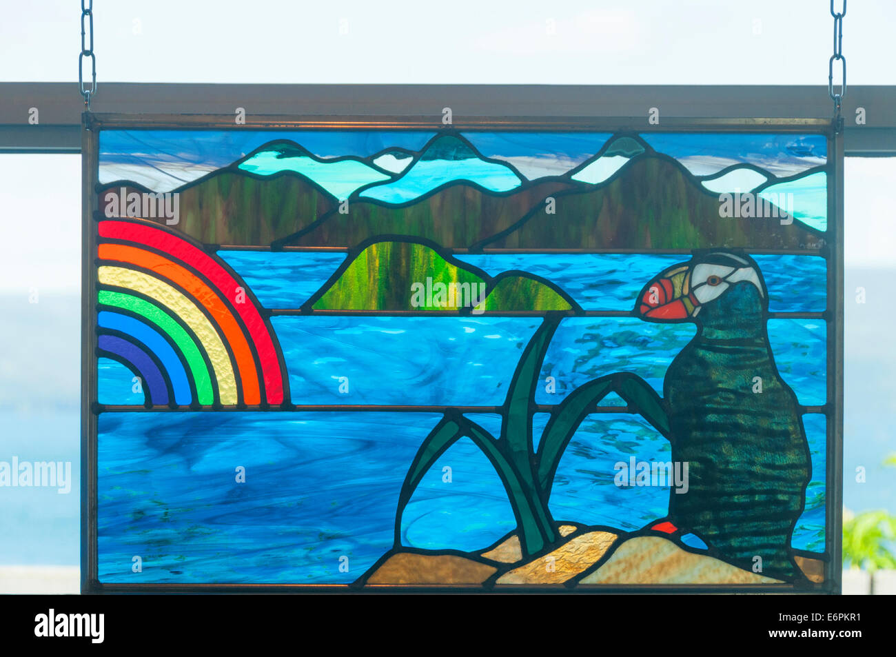 Elk203-4451 Canada, British Columbia, Haida Gwaii, Queen Charlotte, Visitor Center, stained glass window Stock Photo