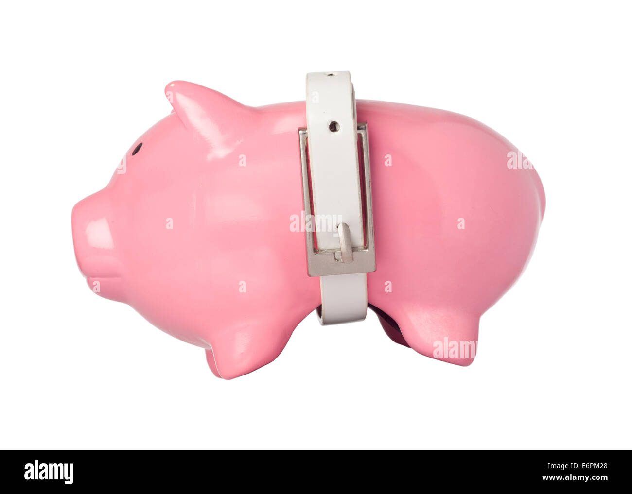 Tight belt on a piggy bank isolated on white background Stock Photo
