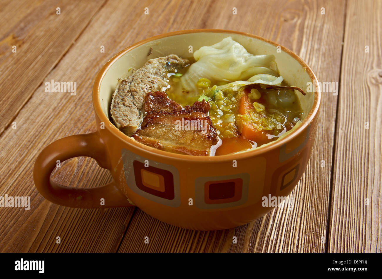 Olla podrida -  Spanish stew made from pork and beans, Stock Photo