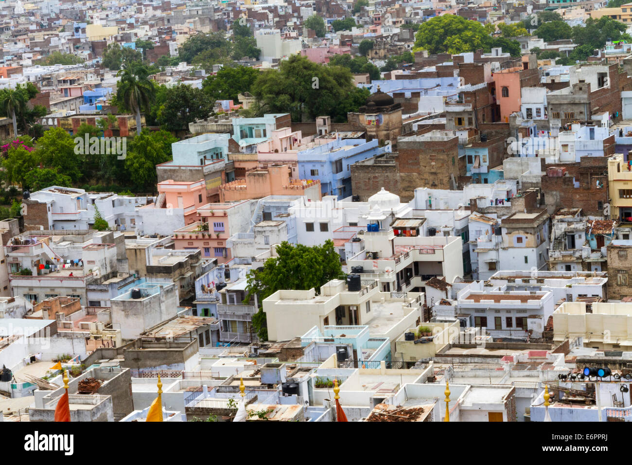 Panoramic aerial shot of Udaipur from above, with colorful rooftops , Rajastan, India Stock Photo