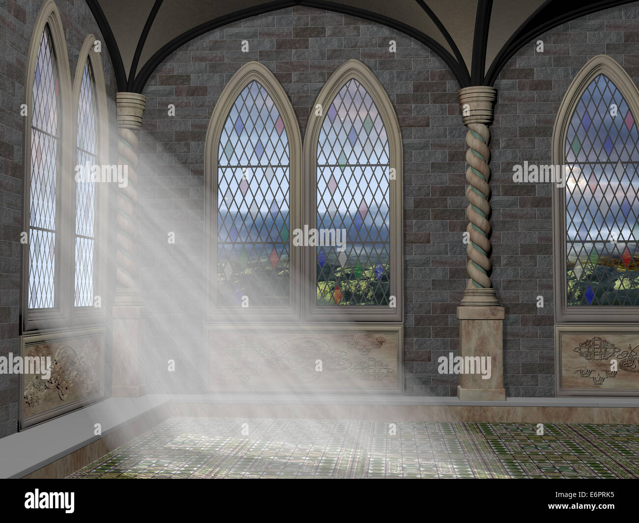 God rays streaming through a stained glass leaded window Stock Photo
